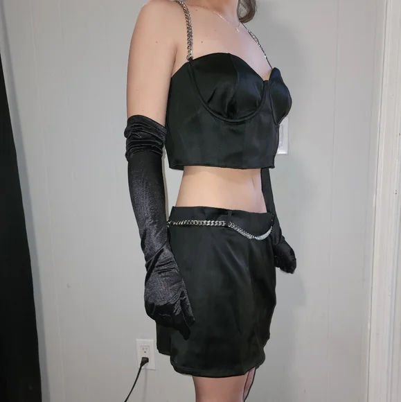 NWT Dolls Kill Sexy , Midnight Black Satin Skirt Set - Picture 3 of 12